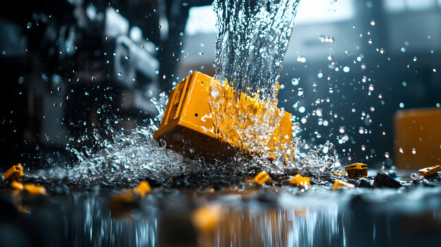 A yellow industrial component endures a powerful water jet creating a dramatic splash action shot showcasing durability and wet environment testing. Ideal for product endurance demonstrations.