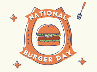 "national burger day", "retro burger icon", "burger illustration with stars", "fast food logo design", "vintage style burger emblem"
