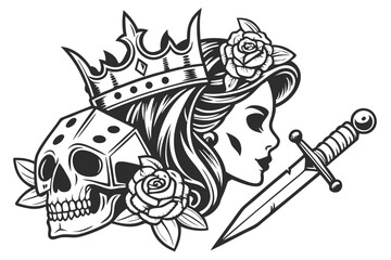 69 Dark gothic heart composition, crowned skull, Day of the Dead female face, roses, dice, dagger, skeletal hands, intricate details, monochrome tattoo style, symmetrical design, ornate crown, flowing