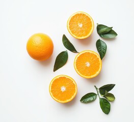 Freshly cut oranges arranged with vibrant green leaves, perfectly positioned on a bright white background.  Close-up view