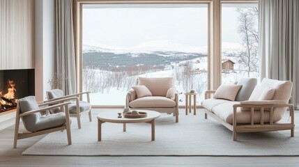 Modern living room with floor-to-ceiling windows and wood furniture in front of snowy mountains