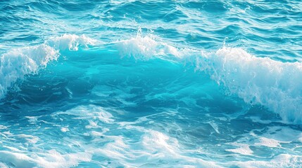 Naklejka premium Dynamic waves roll and crash in a vibrant turquoise ocean under a clear blue sky, capturing the essence of a sunny day on the beach. Perfect for relaxation and enjoyment