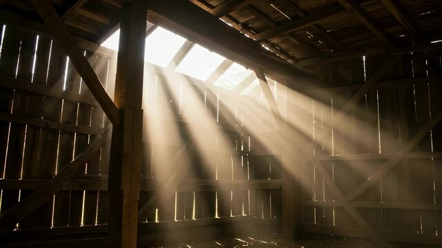 Sunbeam penetrates inside of old abandoned barn. Heaven light rays through the roof in a vintage farm building for interior design and rustic concepts..