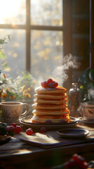 Fototapeta premium A Serene Morning Pancake Breakfast with Fresh Berries and Aromatic Coffee