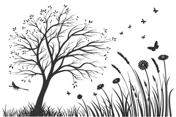 70 Black and white nature silhouettes, tree with bare branches, tall grass, wildflowers, butterflies, dragonflies, flying birds, dandelions, peaceful meadow scene, minimalist design, serene landscape,