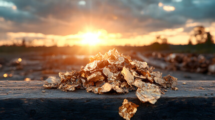 A shimmering pile of golden flakes rests on distressed wood against a breathtaking sunset evoking wealth and natural beauty Ideal for finance geology or luxury themes