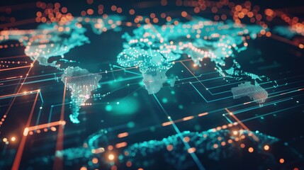 Obraz premium Digital world map with glowing data points, representing global connectivity and technology.