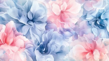 This artwork showcases a delicate array of flowers in gentle pink and blue tones. The soft petals create a dreamy and ethereal pattern, perfect for various design elements