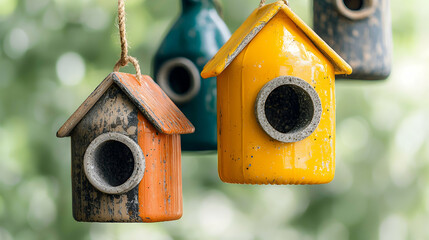 Colorful birdhouses hanging in a garden setting. Perfect for adding whimsical outdoor decor to any yard. Their distressed appearance adds a charming rustic touch. Consider them for a cozy backyard acc