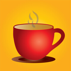 Red Coffee Cup with Steam on Yellow Background – Hot Beverage Vector