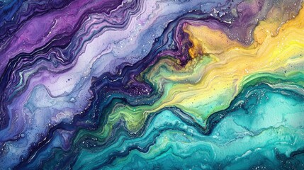 Vivid swirls of purple, blue, yellow, and green create an eye-catching abstract fluid art piece. The rich colors blend seamlessly, showcasing dynamic movement and depth