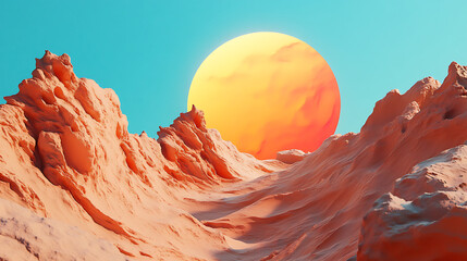 Stunning desert landscape features rugged orange rock formations under vibrant sun, creating surreal and captivating atmosphere. scene evokes sense of adventure and exploration