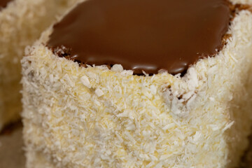 Close-up of coconut and chocolate sponge cake
