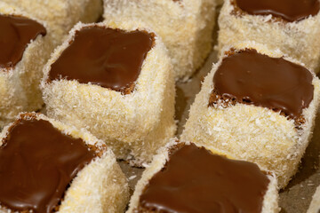 Chocolate-topped coconut sponge squares
