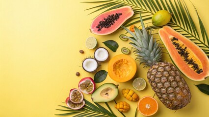 Tropical fruits and palm leaves arranged in vibrant flat lay composition on sunny yellow surface, displaying colorful exotic ingredients