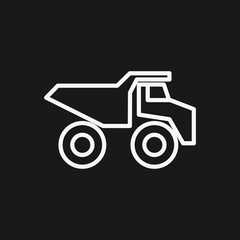 White Outline Icon of a Tipper Truck on Black Background Construction, Mining, and Heavy Transport Vehicle