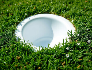 A white golf ball rests on the green grass of the field, a small globe of sport in nature's light