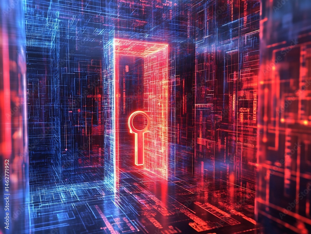 Fototapete Abstract representation of secure digital gateway with glowing neon key access