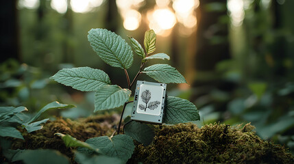 A small plant with an electronic device displaying a leaf symbol in a sunlit forest suggests innovative ecological monitoring and environmental data collection for sustainable forestry research