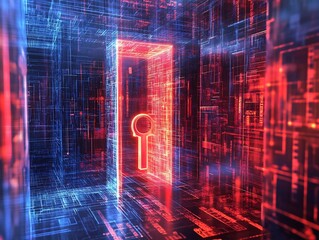 Abstract representation of secure digital gateway with glowing neon key access