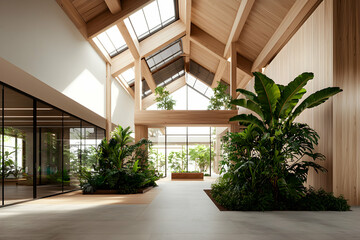 A sunlit biophilic atrium showcasing exposed timber structures and ample greenery. Perfect for modern office lobbies or wellness centers emphasizing natural elements and open space