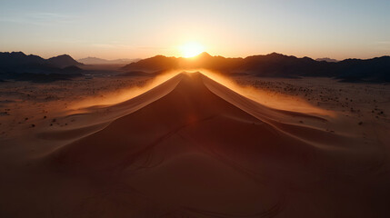 A breathtaking desert landscape at sunrise a towering sand dune illuminated by golden light suggests dramatic adventure or tranquil escape perfect for decor or digital backgrounds