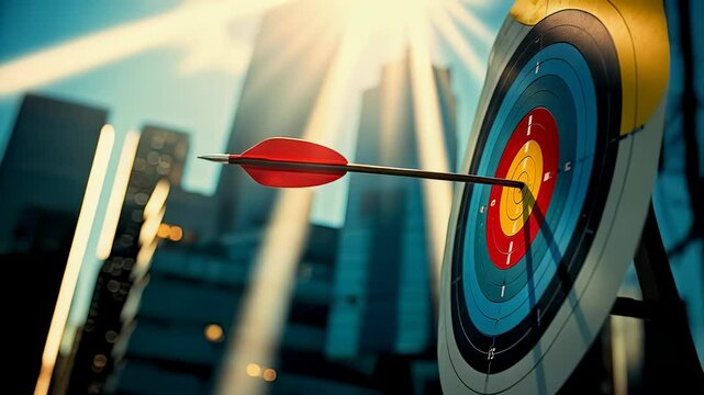 Arrow hitting bullseye in front of city skyline