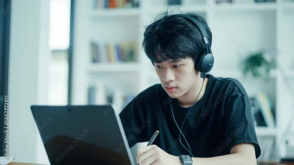 Poster a young student is diligently working on a laptop while wearing headphones and taking notes with a s
