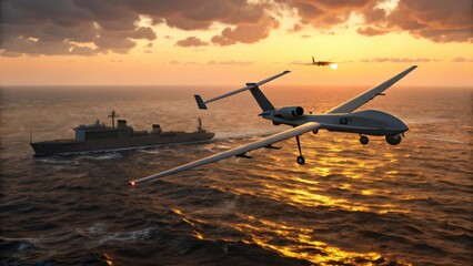 Military drone hovering above ocean waters during sunset, monitoring naval vessel with advanced reconnaissance and defense technology