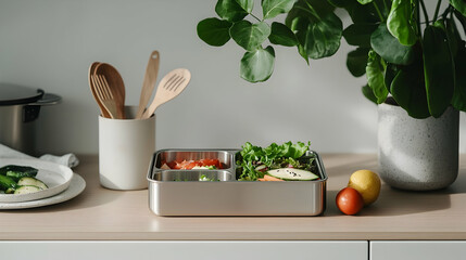 A vibrant packed lunch in a modern stainless steel container on a clean kitchen counter. Perfect for promoting healthy eating and sustainable meal preparation lifestyle.