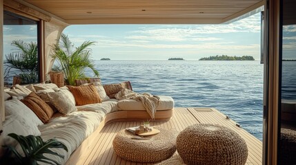 Fototapeta premium Luxurious outdoor seating area overlooking a tranquil ocean view