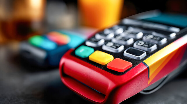 Colorful contactless payment terminal close-up with vibrant buttons and blurred background - Powered by Adobe