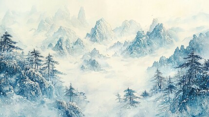 Snow-covered mountains rise majestically into a misty sky, surrounded by tall evergreens. The serene winter landscape creates a peaceful and tranquil ambiance
