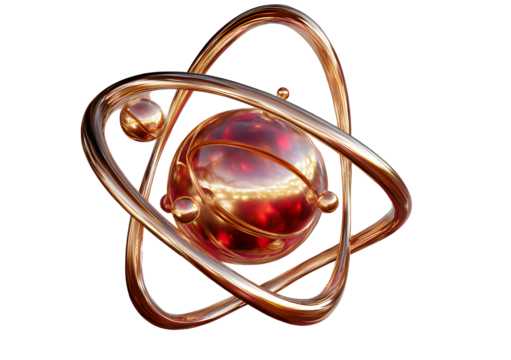  A golden and red gold-plated atom with three quarks, transparent background PNG.