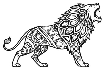 74 Intricate lion illustration, zentangle style, black and white, detailed patterns, ornate design, geometric shapes, line art, tribal motifs, majestic pose, roaring lion, animal art, abstract wildlif