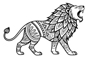 74 Intricate lion illustration, zentangle style, black and white, detailed patterns, ornate design, geometric shapes, line art, tribal motifs, majestic pose, roaring lion, animal art, abstract wildlif