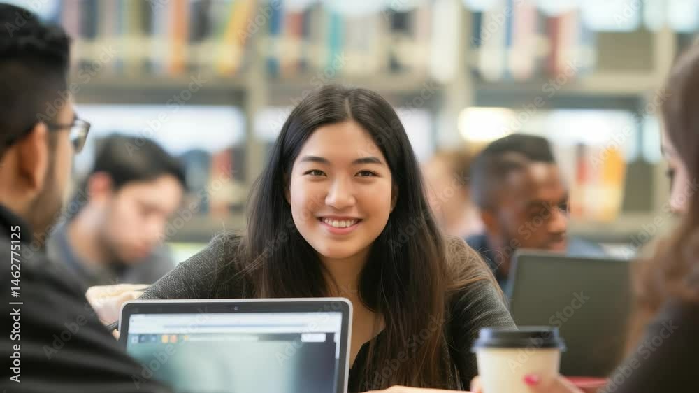 Poster a group of college students are working together on laptops in library. the students are diverse gro