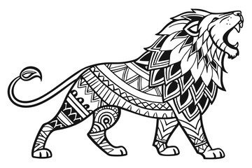 74 Intricate lion illustration, zentangle style, black and white, detailed patterns, ornate design, geometric shapes, line art, tribal motifs, majestic pose, roaring lion, animal art, abstract wildlif