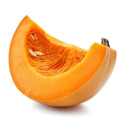 A single slice of bright orange pumpkin with visible seeds against a white backdrop