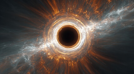 Mesmerizing black hole surrounded by vibrant solar flares and swirling cosmic dust, creating stunning visual of universe mysteries and beauty. event horizon glows with intense energy