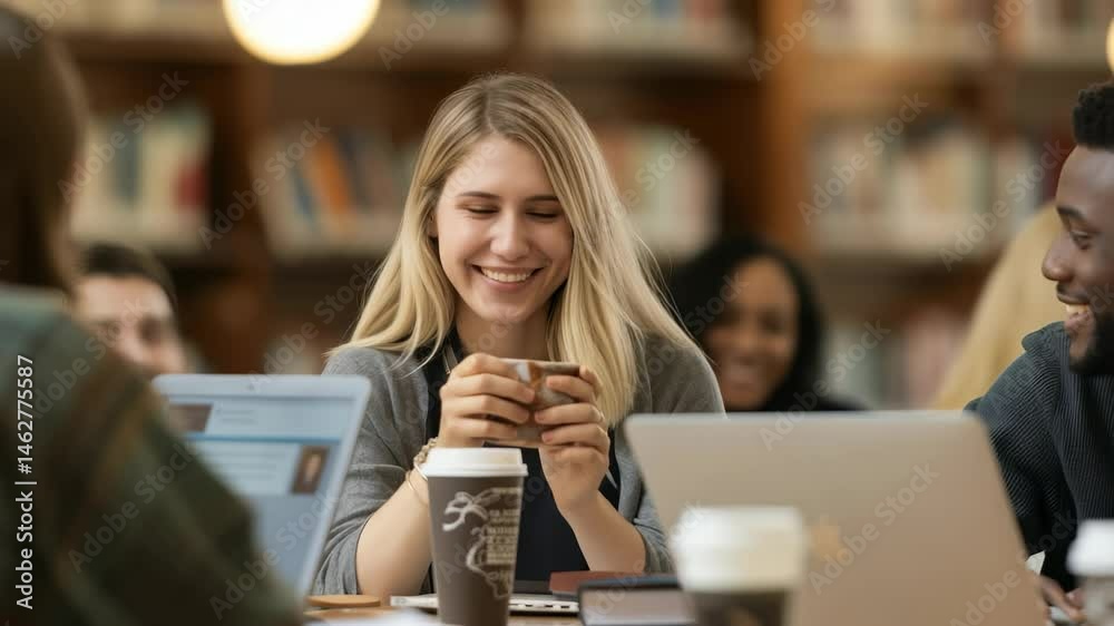 Aufkleber a group of college students are studying together in a library. they are drinking coffee, using lapt