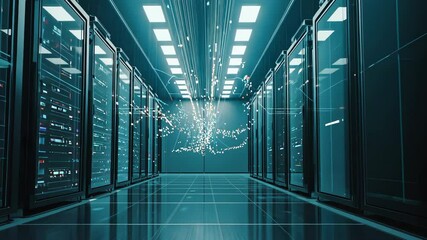 Transmission of digital information over a network between computing servers and a big data storage in a data center server room. Concept of cloud computing - Powered by Adobe