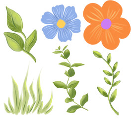 A set of watercolor style illustrations. Vibrant flowers, leaves and grass. Hand drawn elements with soft strokes and a whimsical, botanical feel. Perfect for spring designs.