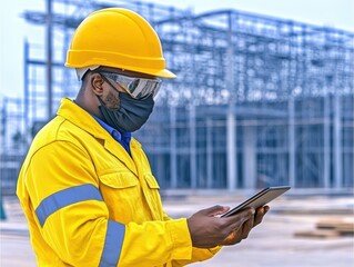 Construction worker using digital tablet