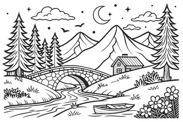 75 Intricate black and white illustration, serene landscape, mountain valley, flowing river, stone bridge, small boat, lush forest, pine trees, wildflowers, blooming tree, starry night sky, flying bir