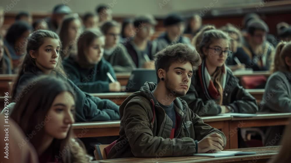 Poster students of different ages , ethnicity concentrated in a university classroom, absorbing knowledge. 