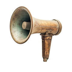 Vintage megaphone with rusted metal horn and mounting bracket, cut out - stock png.