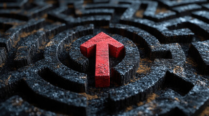 Red arrow going through the black maze or labyrinth, showing the way out concept, top view.