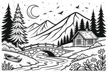 75 Intricate black and white illustration, serene landscape, mountain valley, flowing river, stone bridge, small boat, lush forest, pine trees, wildflowers, blooming tree, starry night sky, flying bir