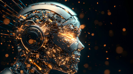 Intricate AI head sparks with brilliant light symbolizing advanced technology and innovation ideal for futuristic themes digital art presentations or computational concepts